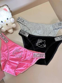 Набор женских трусиков слипов Хэллоу Китти Hello Kitty, белье Хелоу Кити с белыми стразами (3 шт в наборе), S/M