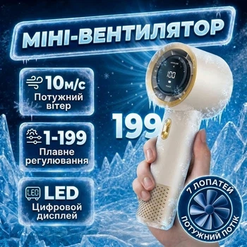 Вентилятор на аккумуляторе портативный ручной мини вентилятор с дисплеем 199 скоростей 3000mAh Hofmy T13 White