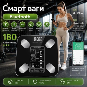 Напольные смарт весы для дома фитнес до 180 кг Закаленное стекло, Bluetooth с приложением