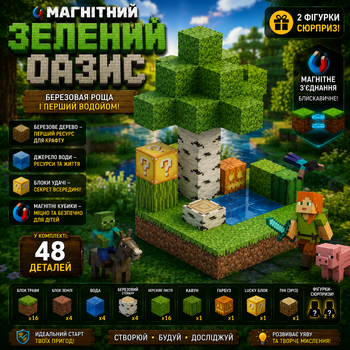 Магнитный конструктор Майнкрафт Minecraft (1282) Зеленый оазис Березка 48 деталей 2 фигурки кубики блоки набор
