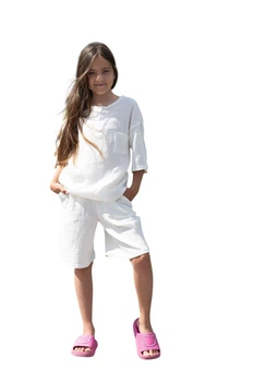 Муслиновый костюм для девочки оверсайз (рубашка+шорты) К789 92 см молочный (9702894192)