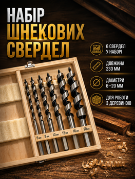 Набор шнековых спиральных сверл по дереву 6 штук диаметры 6 8 10 12 16 20 мм длина 230 мм LS-443