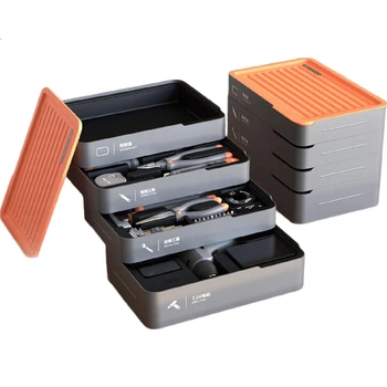 Набор инструментов Deli Household Hardware Toolbox, 4-ярусный, включает в себя электродрель, гаечные ключи, рулетку, отвертки, комбинированный набор инструментов.