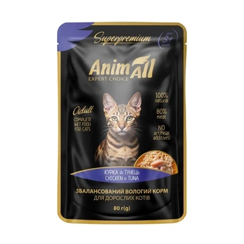 Вологий корм AnimAll (АнімАлл) для котів з тунцем та куркою 80 гр.