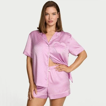 Піжама рожева із шортами Victoria's Secret Signature Satin Heart Short Pajama Set Pink - Розмір XS