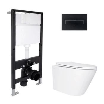 Комплект инсталляции Qtap Standard с подвесным безободковым унитазом Swan Ultra Quiet, черной матовой панелью смыва и системой