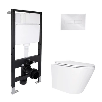 Комплект инсталляция + подвесной унитаз Qtap Standard/Swan Ultra Quiet, с сиденьем и линейной панелью смыва, безободковый,