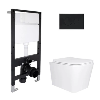 Готовое решение Qtap Tern Ultra Quiet + Standard для ванной комнаты: подвесной безободковый унитаз, инсталляция и круглая черная
