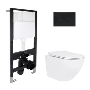 Комплект инсталляции и подвесного унитаза Qtap Jay Rimless / Standard, безободковый, с круглой черной кнопкой смыва (SD00057705)