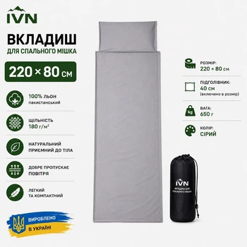 Вкладиш для спального мішка IVN лляний 220×80 см, 100% льон, сірий A00255