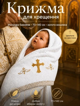 Крыжма для обряда крещения крестин ребенка новорожденного младенца крестильное полотенце махровое мягкое 70×140 см подарок на крестины церковное белоснежное с золотой вышивкой нежное для кожи мальчика и девочки впитывающее влагу после купели хлопок