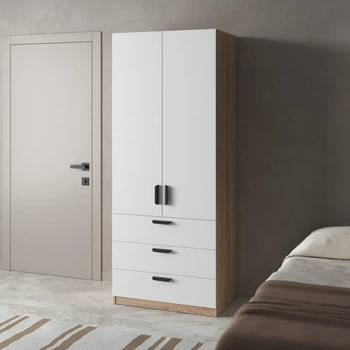 Шафа для одягу зі штангою та 3 висувними шухлядами, ЛДСП, 802×500×1995 мм для спальні, передпокою та вітальні Дуб сонома/Білий