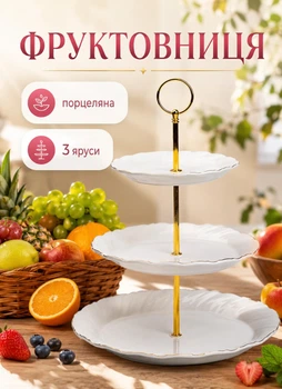 Фруктівниця порцелянова на 3 яруси фуршетна стійка для закусок канапе цукерок та фруктів трирівнева кругла Біла