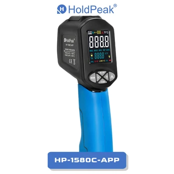 Пирометр HoldPeak HP-1580C-APP инфракрасный бесконтактный термометр цифровой (-50°C~1580°C 0.1-0.99 EMS 30:1 250ms Bluetooth цветной дисплей)