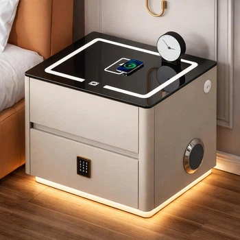 Розумна приліжкова тумба, 47×39×48 см, із вбудованим кодовим сейфом, Bluetooth-колонкою та USB, сенсорна підсвітка, БІла