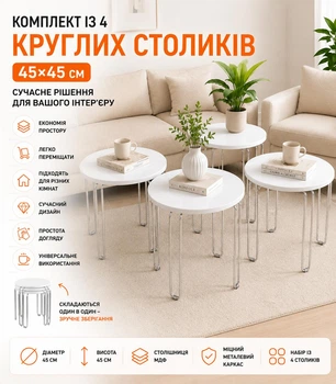 Комплект круглых журнальных столиков 4в1, 45х45 см, Белый / Кофейный столик / Кофейный столик / Стол журнальный