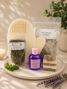 Набір для лазні сауни SPA набір для жінки дівчини (5в1) морська сіль з лавандою, органічна мочалка, гель для душу, чай крафтовий м'ята, мило натуральне лавандове (5743-8031)