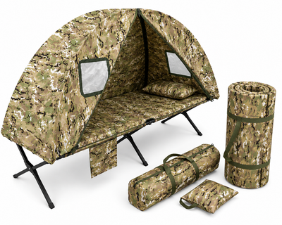 Раскладушка NEST HATO ХL Multicam 206×72 с матрасом, подушкой, карманом, чехлом и 1-местной палаткой