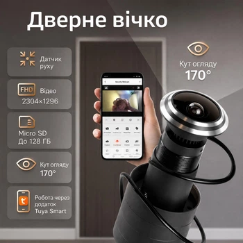 Бездротове відеовічко 3 MP Wi-Fi 1080P із записом у застосунку Tuya Smart та датчиком руху, домофон на вхідні двері з передачею відео на телефон