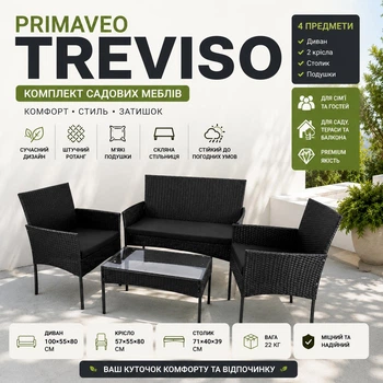 Комплект садових меблів з ротангу Primaveo TREVISO 4 предмети диван, 2 крісла та столик для тераси, саду і балкона