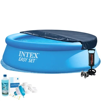 Надувной бассейн с насосом Intex, в наборе подстилка, тент, химия, 366х76 см (IP-175920)