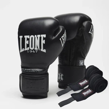 Боксерські рукавиці Leone натуральна шкіра 10 унцій чорні з бинтами 4 м