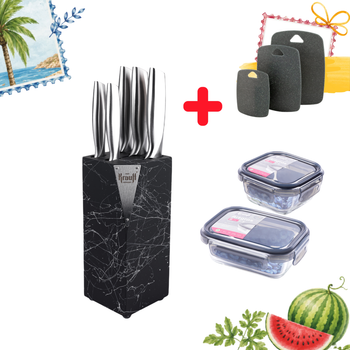 Набір ножів на підставці Prime Chef та скляних контейнерів Artglass + ПОДАРУНОК: Набір кухонних дощок