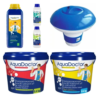 Набір хімії для басейну AquaDoctor 6 в 1 (Альгіцид, Рідкий pH Minus та Коагулянт, Хлор швидкої та повільної дії, Дозатор)