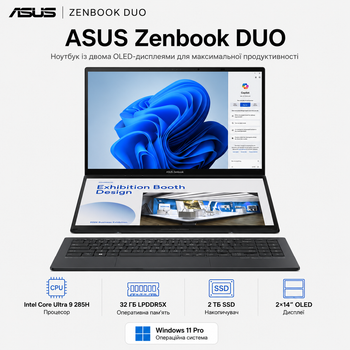 Ноутбук 14" Asus ZenBook Duo UX8406CA-QL047X Intel Core Ultra 9 285H 32GB 2TB SSD W11 Pro Inkwell Gray (90NB14X1-M001P0)
