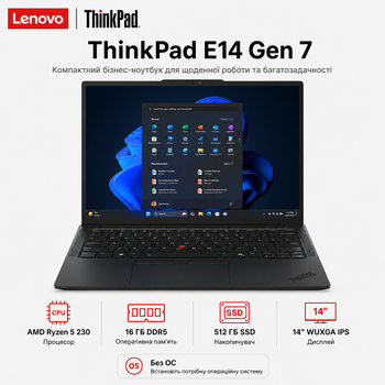 Ноутбук 14" Lenovo ThinkPad E14 Gen 7 AMD Ryzen 5 230 16GB 512GB SSD Radeon 760M DOS Eclipse Black (21T1S0P500)