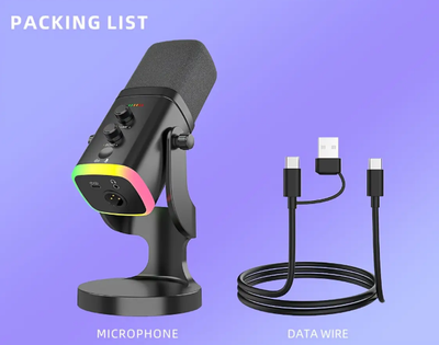 Динамический Микрофон Black XLR/USB для Стриминга и Игр RGB Подсветка Mute Разъем для Наушников Настольная Подставка для PC П