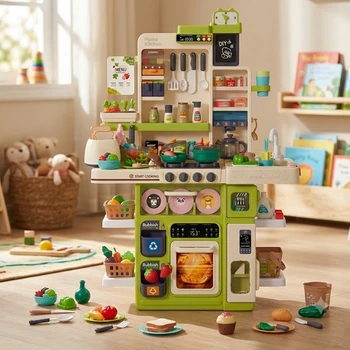 Большая детская интерактивная кухня Bambi Kitchen 100 см, 101 предмет (пара, вода, звук, свет) WD-8824B зеленая