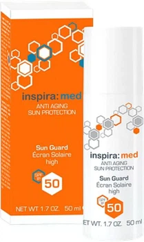 Сонцезахисний крем емульсія для обличчя з ектоїном Inspira:cosmetics Med Anti Aging Sun Guard SPF 50 anti-age антивіковий зволожувальний засіб для чутливої шкіри проти фотостаріння зморшок пігментації UVA/UVB захист 50 мл