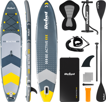 Надувна SUP дошка Rebel ACTIVE 350 x 81 x 15 см з веслом, насосом і сумкою для зберігання Сіра RBA4501 (5901890109871)