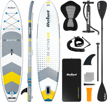 Надувная SUP доска Rebel ACTIVE 350 x 81 x 15 см с веслом, насосом и сумкой для хранения Белая RBA4501 (5901890120678)