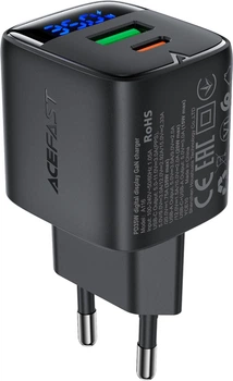 Сетевое зарядное устройство Acefast A116 PD35W GaN charger (USB-A+USB-C) with digital display Black (6974316284468)