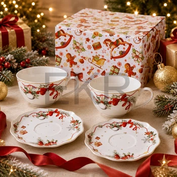 Порцеляновий набір Christmas Ribbon 2 чашки 250 мл з блюдцями з хвилястим краєм (498-370)