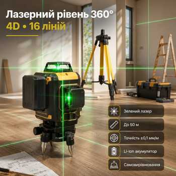 Лазерный уровень KRAFFTEC NF-00009745 4D 16 линий 360° с зеленым лучом, аккумуляторный, со штативом