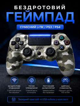 Джойстик ігровий універсальний для Sony PlayStation PS3 PS4 ПК iOS Android TV Windows бездротовий Doubleshock Bluetooth геймпад Sony Плейстейшен PS3 PS4 ПК комп'ютера Андроїд TV з подвійною вібрацією сенсором аудіо динаміком зарядний кабель сірий камуфляж