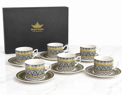 Чайный сервиз на шесть персон Royal Grace RG-190 (12 предметов) с красивым рисунком Фарфоровый набор чашек с блюдцами (220мл/14см)