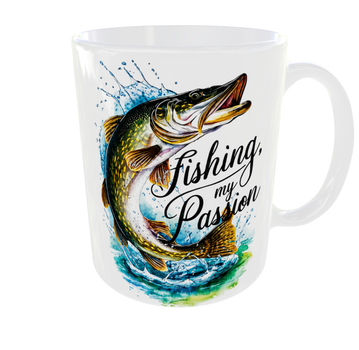 Кружка (чашка) з принтом Fishing My Passion – щука, риболовля, подарунок рибалці | Керамічна 330 мл