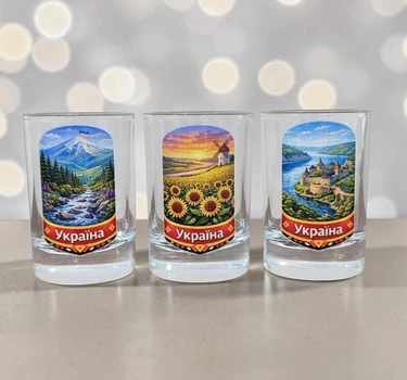 Подарочный набор стеклянных стопок "Украина" - Chaban_Souvenir - (3 шт × 60 мл) с уникальным и оригинальным дизайном SS_007