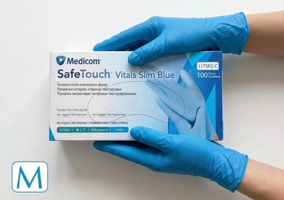 Рукавички нітрилові SafeTouch Vitals Slim Blue М без пудри текстуровані 100 шт. блакитні (1175P2-C)