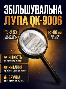 Лупа для читання QK-9006 90мм Ручне збільшувальне скло 2.5 кратного збільшення Канцелярська лупа для дрібних деталей