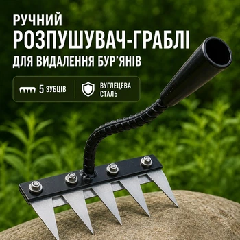 Металлический ручной рыхлитель-грабли на 5 зубьев для удаления бурьянов, углеродистая сталь с антикоррозийным покрытием