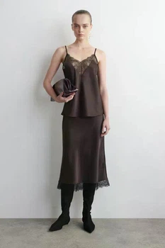 Атласна спідниця COS lace-trimmed satin midi skirt 1319627001 Eur 36 Коричневий