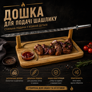 Доска для подачи шашлыка на 1 персону 40х25 см с соусницей, деревянный поднос для сервировки
