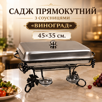 Садж прямокутний Виноград для подачі та підігріву шашлику 45х35 см з соусницями і кришкою