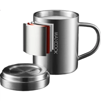 Чашка для води MAXCOOK 304 з нержавіючої сталі з кришкою, двошарова кружка для офісу, заварювання та пиття чаю, домашнє використання, 400 мл