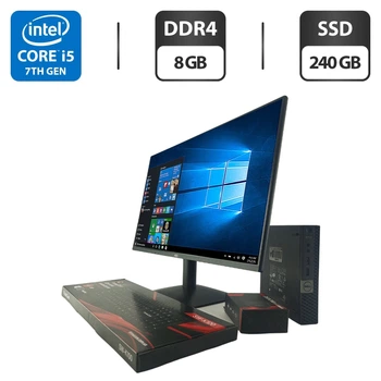 Комплект ПК: неттоп Dell OptiPlex 7050 Micro USFF / Intel Core i5-7500T (4 ядра по 2.7 - 3.3 GHz) / 8 GB DDR4 / 240 GB SSD / Intel HD Graphics 630 + Новый монитор AOC 24B31H / 24" (1920x1080) IPS / Кабели б/у + Подарок Проводная клавиатура + мышка